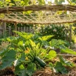 Pied de courgette avec une ombrière artisanale en osier et cordage dans un potager ensoleillé.