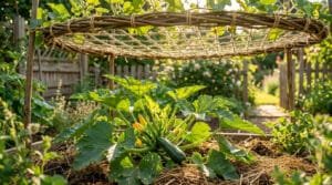 Pied de courgette avec une ombrière artisanale en osier et cordage dans un potager ensoleillé.