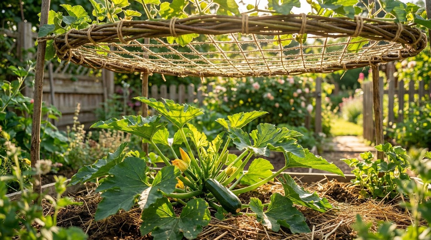 Pied de courgette avec une ombrière artisanale en osier et cordage dans un potager ensoleillé.