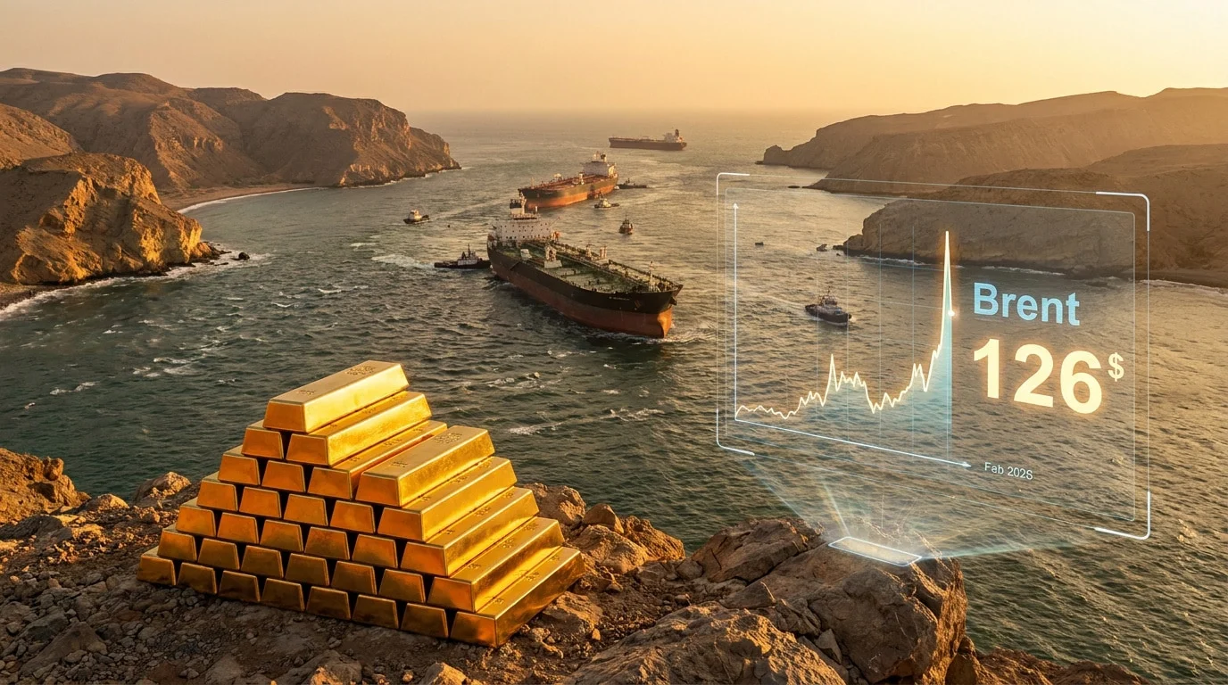 Lingots d'or au premier plan face au détroit d'Ormuz avec un graphique holographique montrant le prix du Brent à 126$.