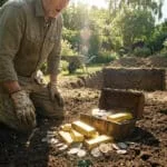 Un homme agenouillé découvre un coffre rempli de lingots et de pièces d'or dans son jardin, près d'une fosse creusée et d'une pelle.
