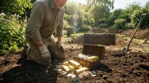 Un homme agenouillé découvre un coffre rempli de lingots et de pièces d'or dans son jardin, près d'une fosse creusée et d'une pelle.