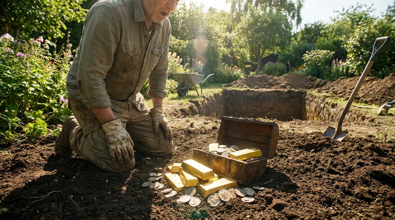 Un homme agenouillé découvre un coffre rempli de lingots et de pièces d'or dans son jardin, près d'une fosse creusée et d'une pelle.