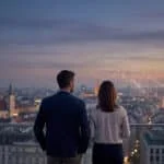 Un homme et une femme observent un graphique financier en baisse surplombant une ville européenne au crépuscule.