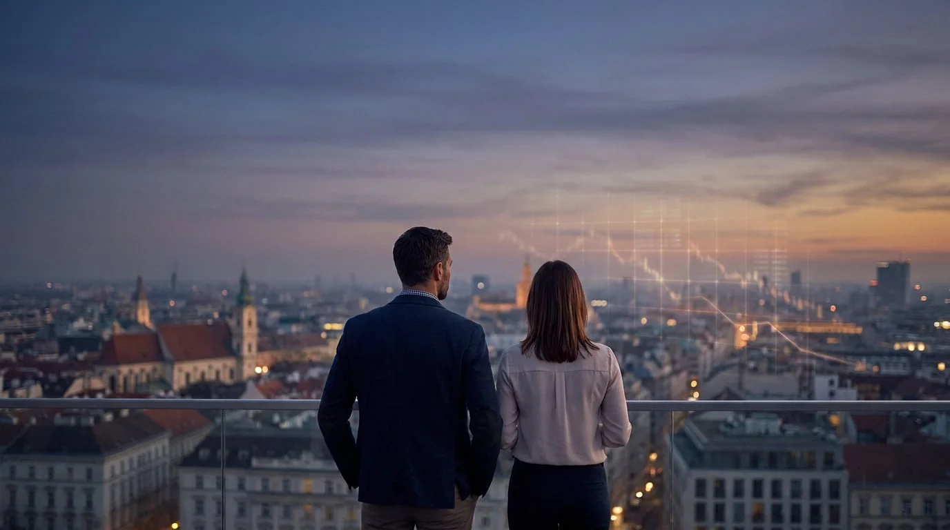 Un homme et une femme observent un graphique financier en baisse surplombant une ville européenne au crépuscule.