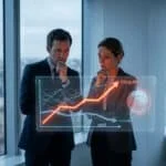 Un homme et une femme en tenue d'affaires analysent un graphique holographique sur fond de paysage parisien.