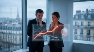 Un homme et une femme en tenue d'affaires analysent un graphique holographique sur fond de paysage parisien.