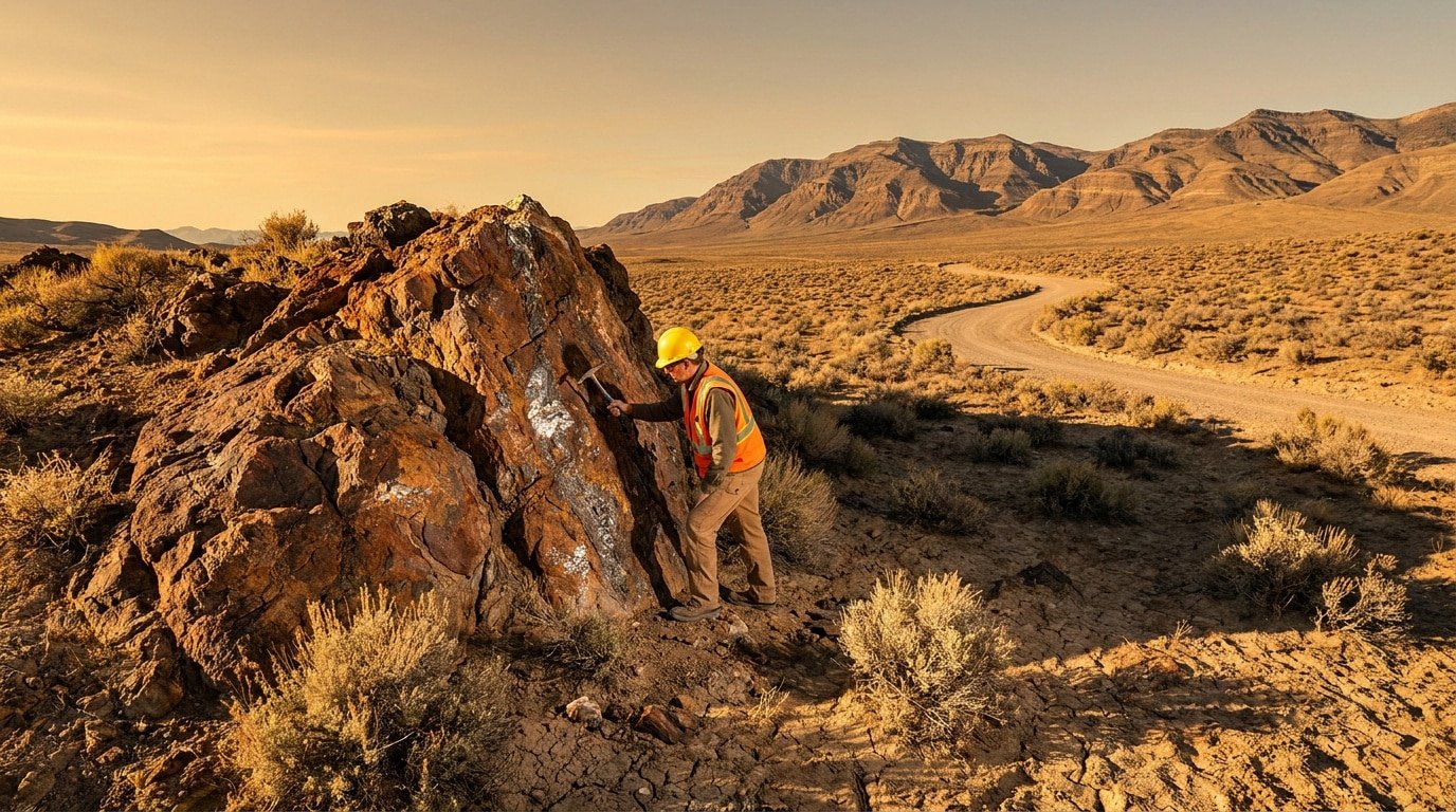 Un géologue en gilet de sécurité examine une formation rocheuse dans le désert aride du Nevada.