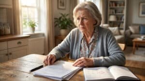 Femme âgée pensive, assise à une table avec des documents et un calendrier où une date est encerclée, dans son salon.