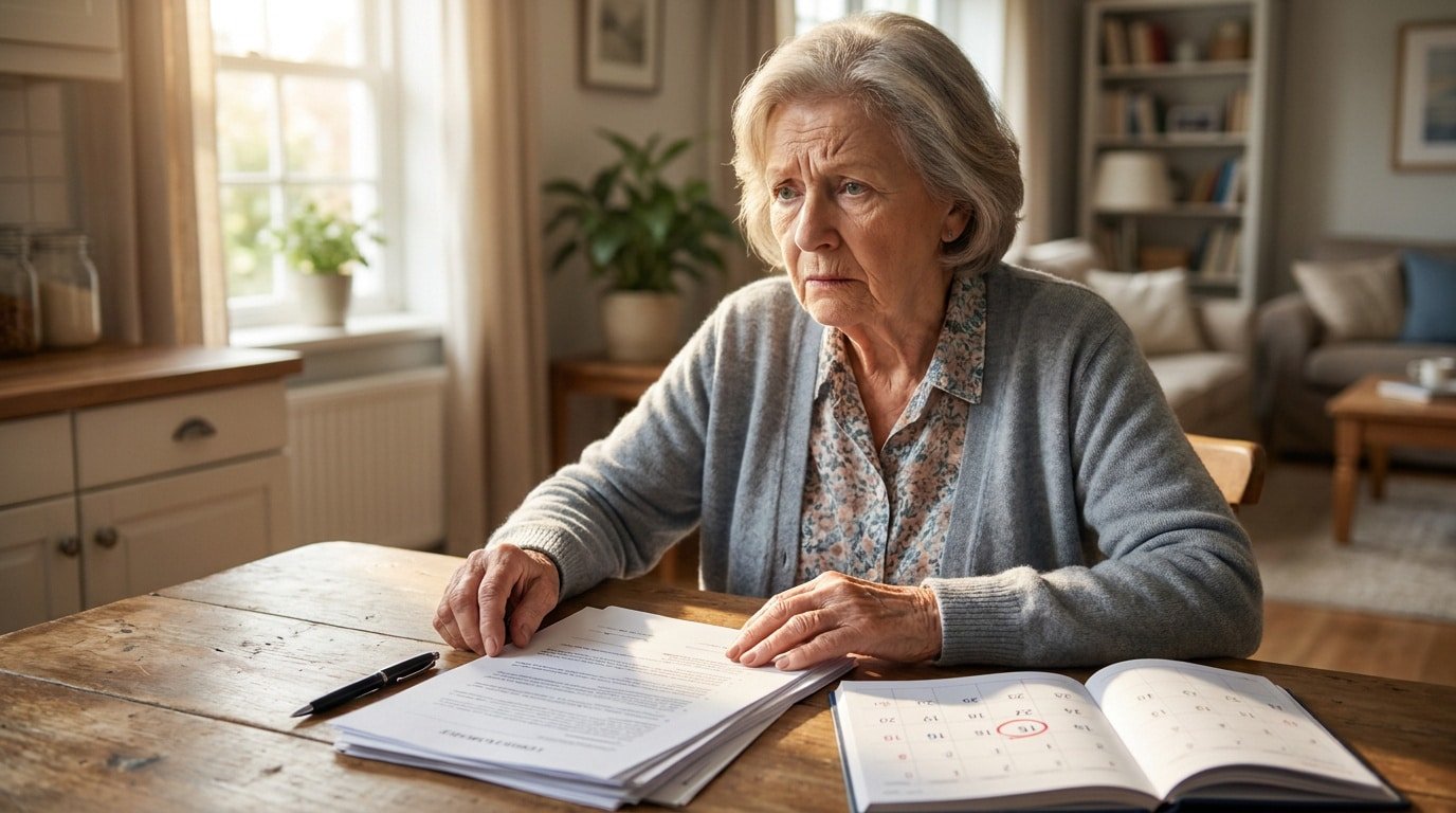 Femme âgée pensive, assise à une table avec des documents et un calendrier où une date est encerclée, dans son salon.