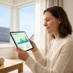 Une femme consulte ses données de consommation électrique sur une tablette près d'un compteur Linky et de panneaux solaires.