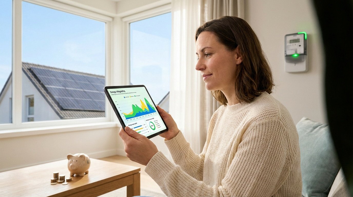 Une femme consulte ses données de consommation électrique sur une tablette près d'un compteur Linky et de panneaux solaires.