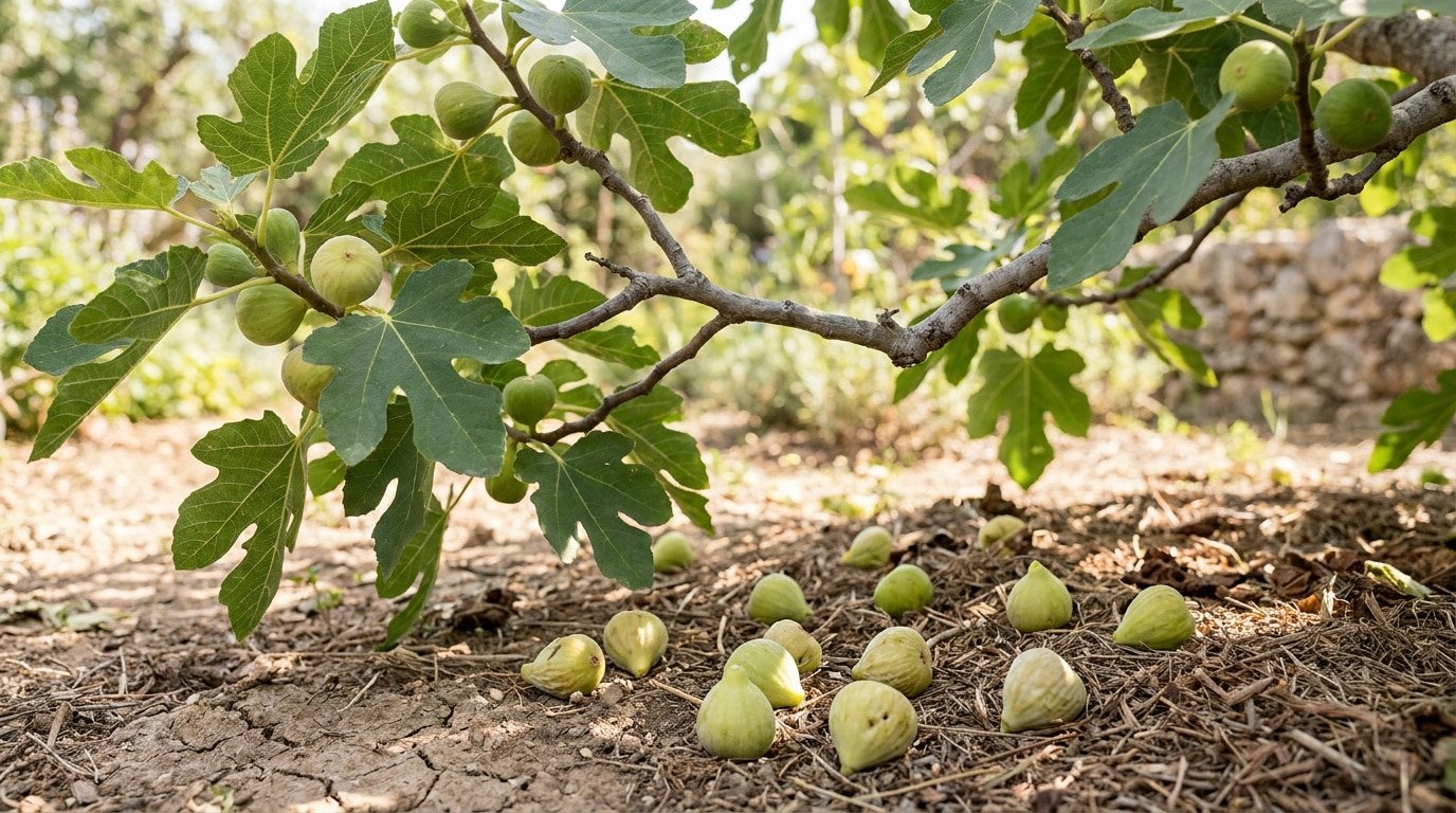Branche de figuier avec des figues vertes, dont plusieurs sont tombées sur un sol sec et craquelé. Indique la chute des fruits.
