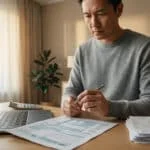 Un homme concentré remplit des formulaires d'impôts à son bureau, avec un ordinateur portable affichant des données financières et des reçus.