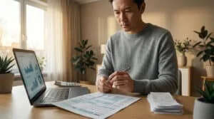Un homme concentré remplit des formulaires d'impôts à son bureau, avec un ordinateur portable affichant des données financières et des reçus.