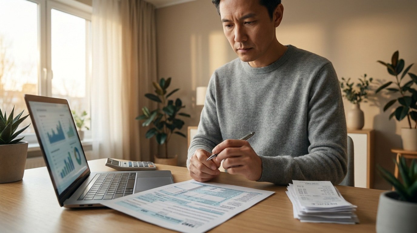 Un homme concentré remplit des formulaires d'impôts à son bureau, avec un ordinateur portable affichant des données financières et des reçus.
