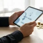 Personne tenant une tablette affichant une transaction de 4500€ à 3200€, avec pièces et document sur la table.