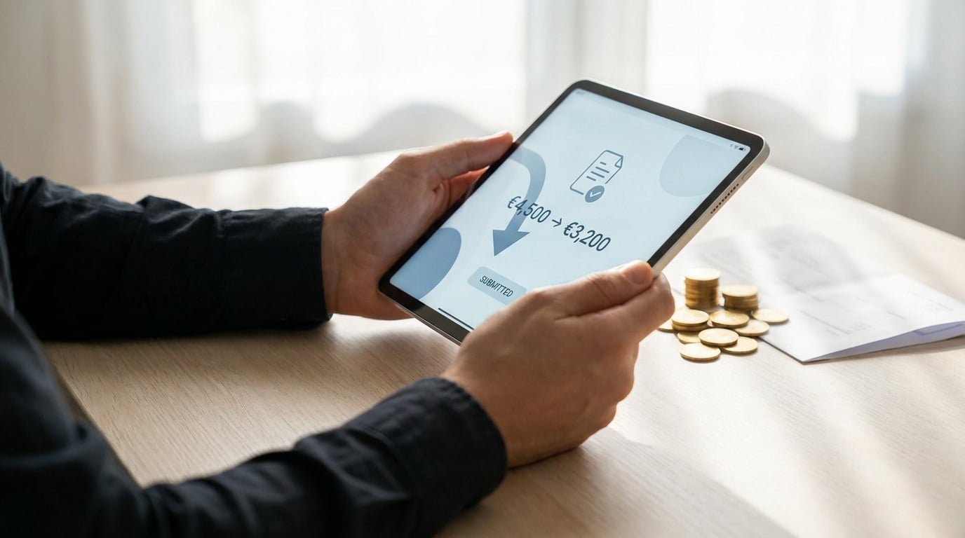 Personne tenant une tablette affichant une transaction de 4500€ à 3200€, avec pièces et document sur la table.