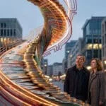 Un homme et une femme observent une spirale d'euros (billets et pièces) s'élevant dans une rue urbaine, entourée de lignes lumineuses.
