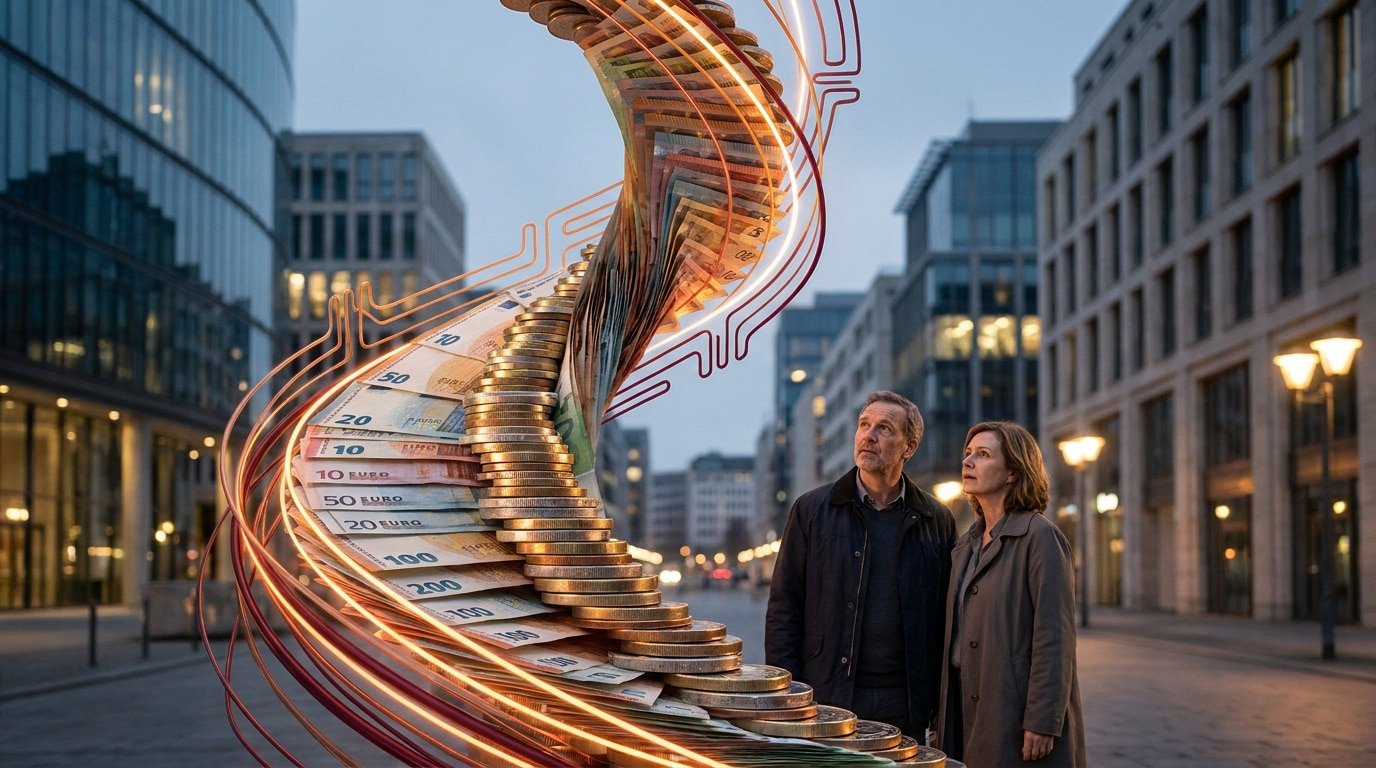 Un homme et une femme observent une spirale d'euros (billets et pièces) s'élevant dans une rue urbaine, entourée de lignes lumineuses.
