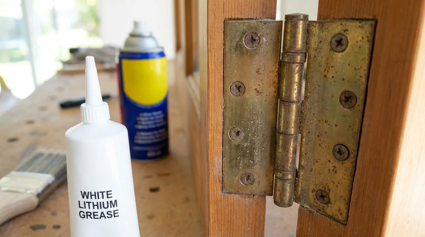 Un tube de graisse au lithium blanche devant une charnière de porte en laiton avec un aérosol WD-40 en arrière-plan.