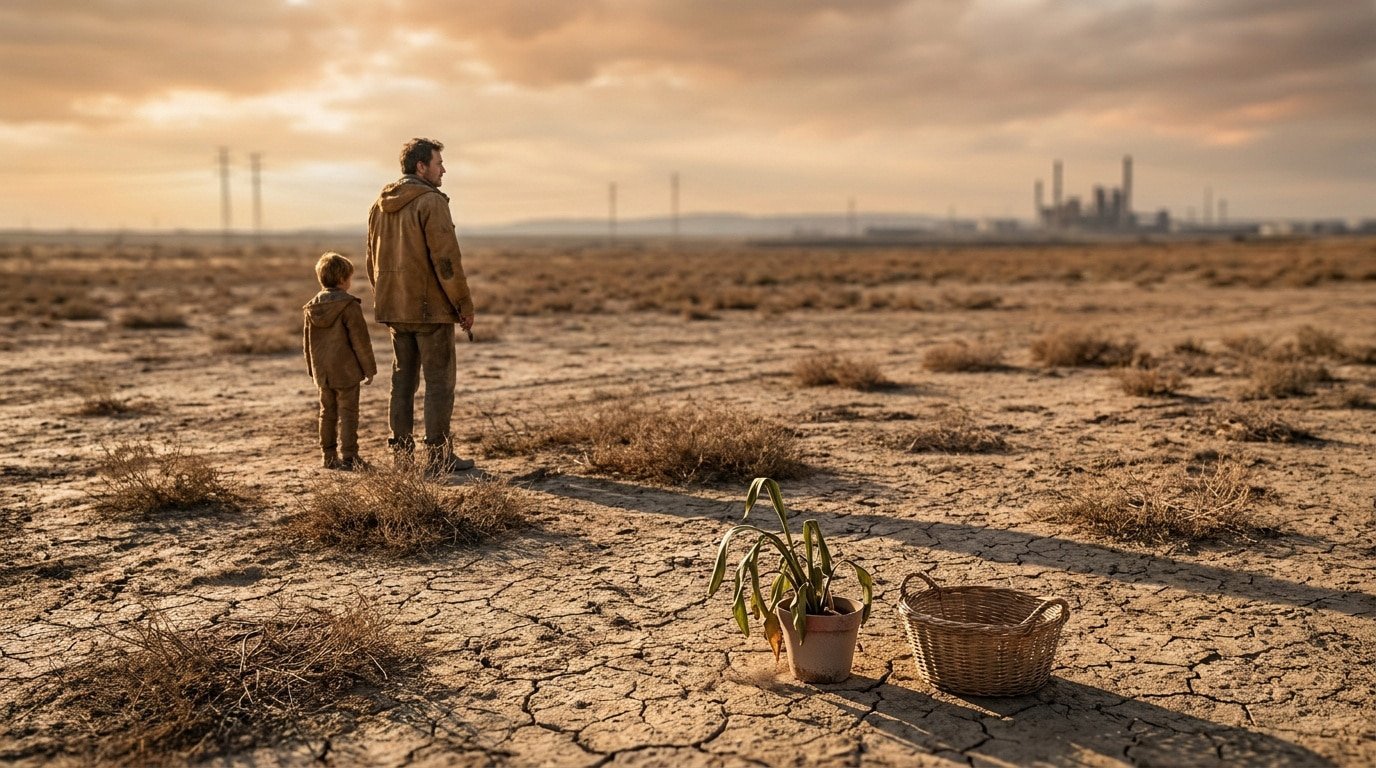 Un père et son fils dans un paysage aride face à une usine, symbolisant la fragilité du monde en 2026.
