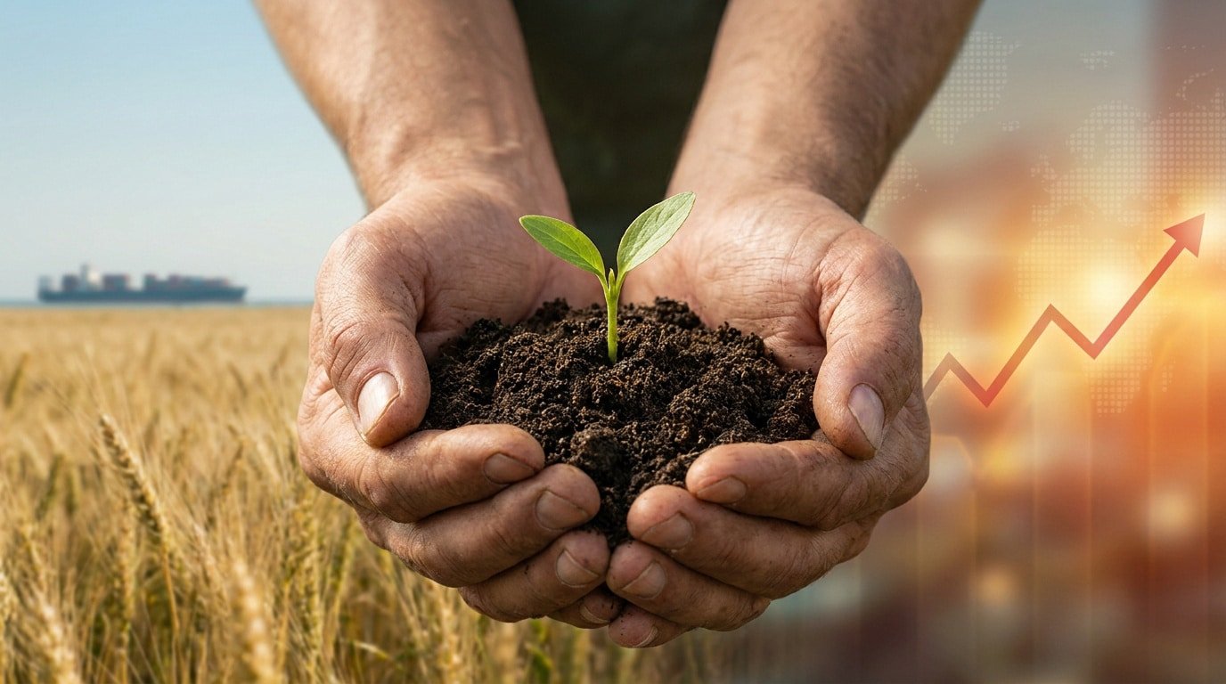 Mains tenant une jeune pousse dans de la terre, avec un champ de blé, un porte-conteneurs et un graphique en arrière-plan.