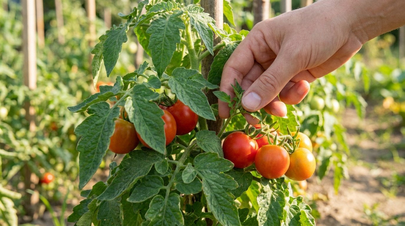 Une main pince un jeune gourmand sur un plant de tomate chargé de fruits rouges et verts en plein champ ensoleillé.