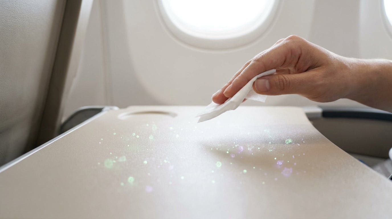 Main essuyant une tablette d'avion avec une lingette, des points lumineux verts et violets symbolisant des bactéries sont visibles.