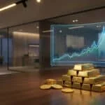 Lingots et pièces d'or sur un bureau avec un graphique boursier holographique en arrière-plan.
