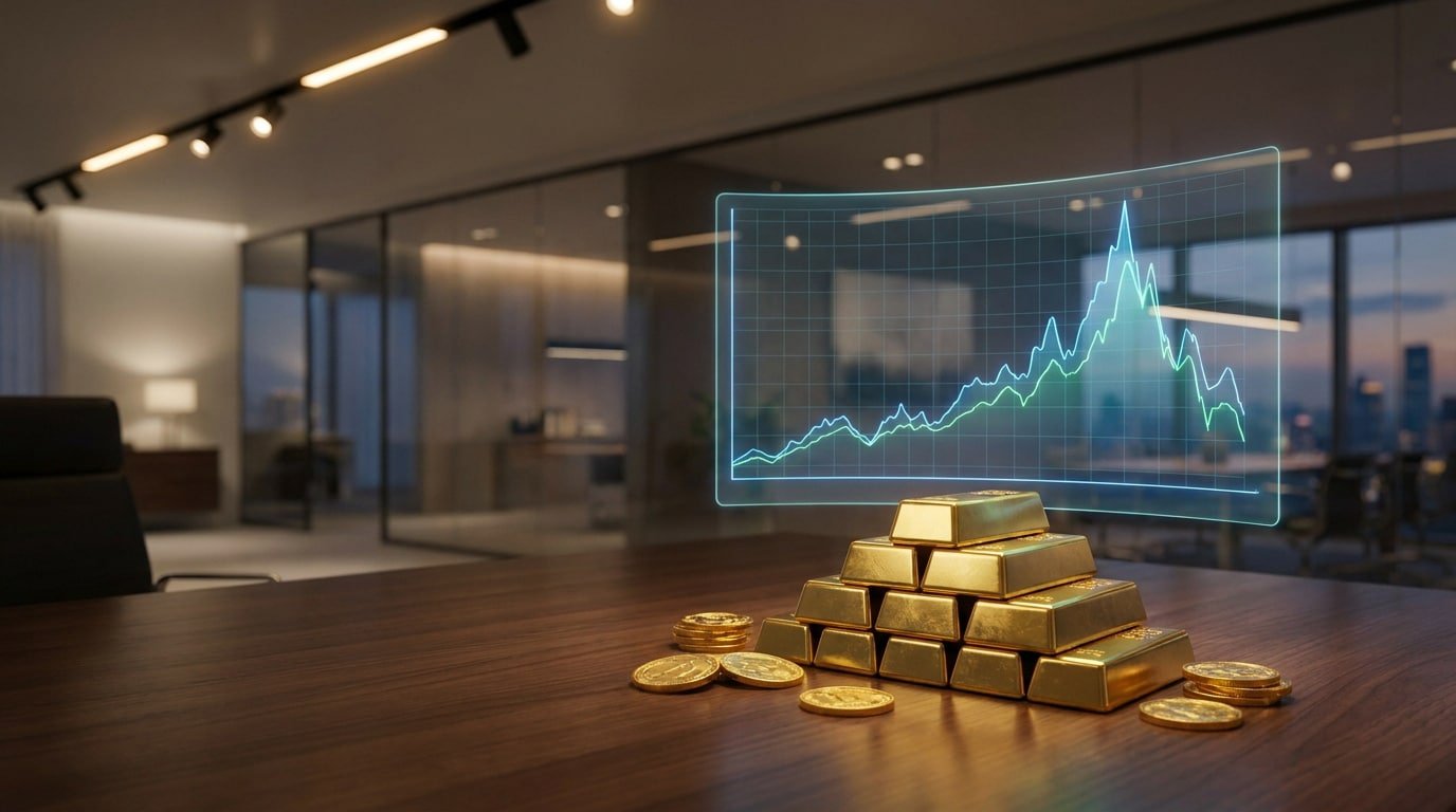 Lingots et pièces d'or sur un bureau avec un graphique boursier holographique en arrière-plan.