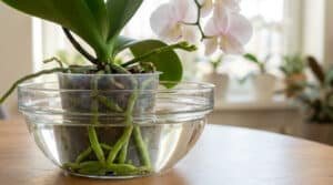 Une orchidée Phalaenopsis en pot transparent trempant dans un bol d'eau, avec ses racines vertes et des fleurs claires.