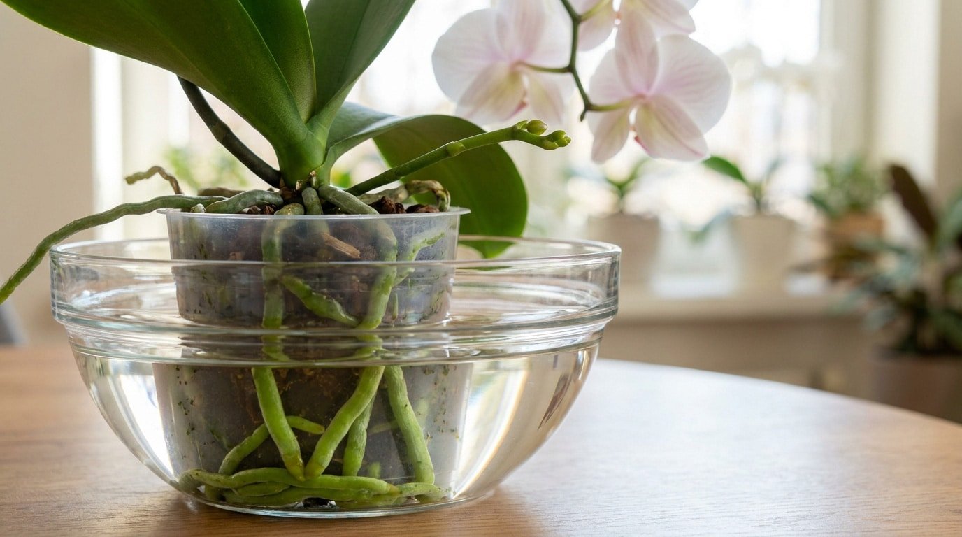 Une orchidée Phalaenopsis en pot transparent trempant dans un bol d'eau, avec ses racines vertes et des fleurs claires.