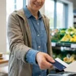 Une personne souriante paie ses courses avec une carte sans contact à un terminal TPE. Un panier de provisions et des rayons frais sont en arrière-plan.