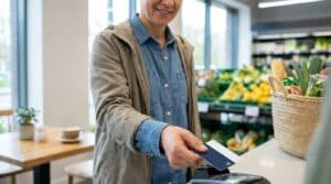 Une personne souriante paie ses courses avec une carte sans contact à un terminal TPE. Un panier de provisions et des rayons frais sont en arrière-plan.