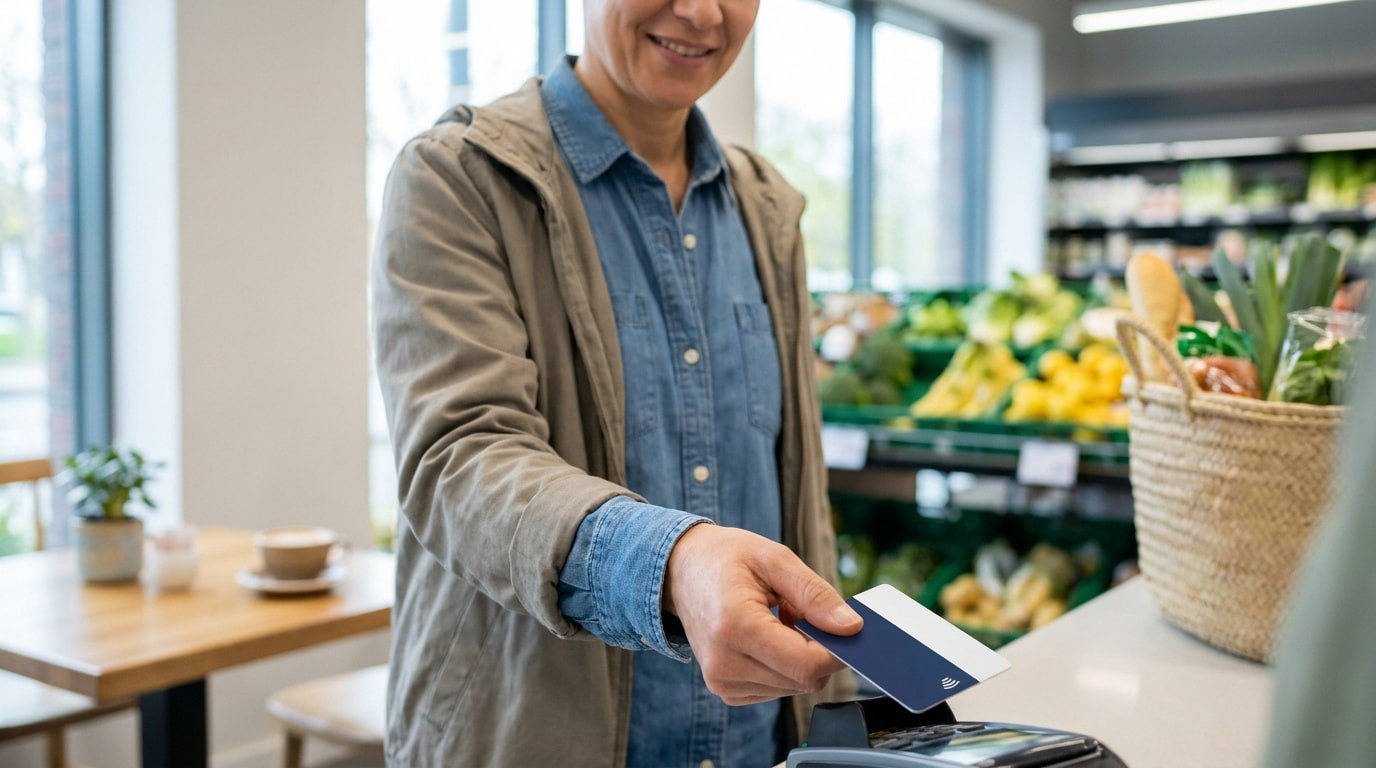Une personne souriante paie ses courses avec une carte sans contact à un terminal TPE. Un panier de provisions et des rayons frais sont en arrière-plan.