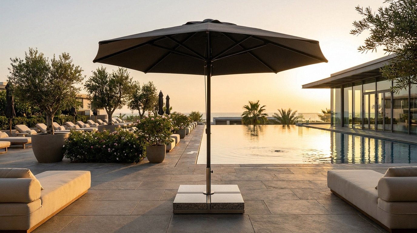 Parasol noir fixé par un socle robuste sur une terrasse en pierre au bord d'une piscine au coucher du soleil.
