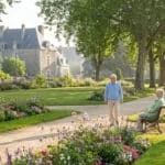 Un homme marche près d'une femme assise sur un banc dans un parc verdoyant et fleuri, avec des bâtiments historiques en fond.