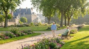 Un homme marche près d'une femme assise sur un banc dans un parc verdoyant et fleuri, avec des bâtiments historiques en fond.