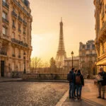 Des touristes observant une carte dans une rue de Paris avec la tour Eiffel en arrière-plan sous une lumière dorée.