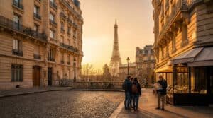 Des touristes observant une carte dans une rue de Paris avec la tour Eiffel en arrière-plan sous une lumière dorée.