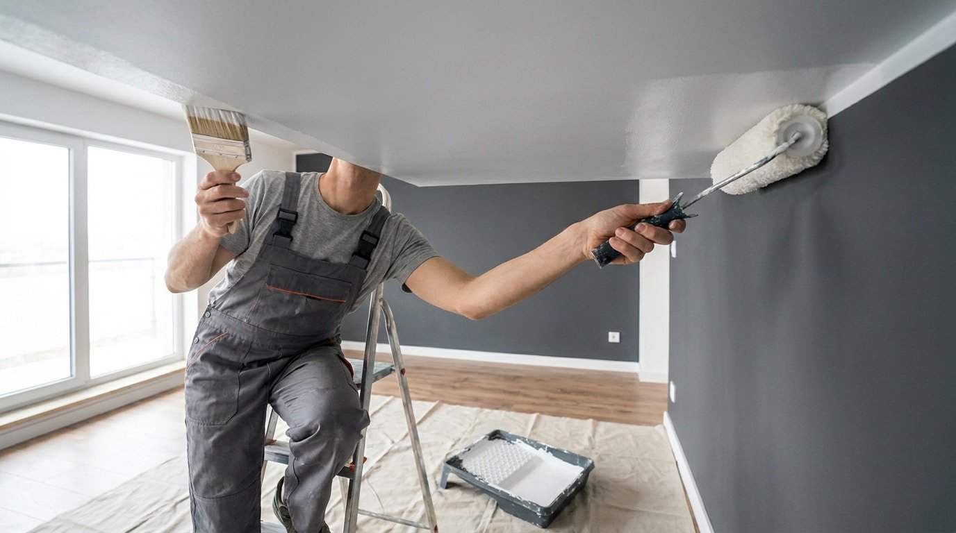 Un artisan peintre en salopette grise peint un plafond blanc à l'aide d'un rouleau et d'une brosse sur un escabeau.