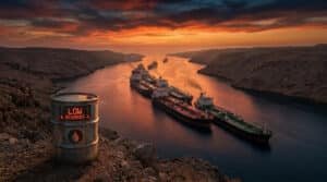 Un baril de pétrole avec un indicateur "LOW RESERVES" surplombant un détroit rempli de pétroliers au coucher du soleil.