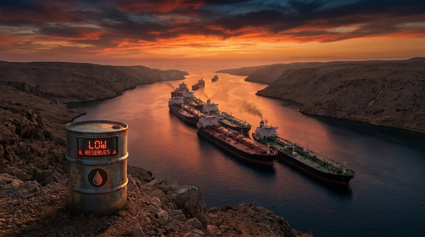 Un baril de pétrole avec un indicateur "LOW RESERVES" surplombant un détroit rempli de pétroliers au coucher du soleil.