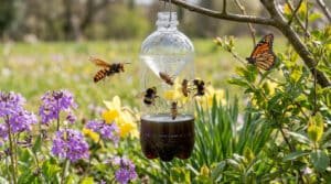 Piège artisanal en bouteille avec abeilles et bourdons piégés. Un frelon vole près, un papillon sur feuille. Fond de jardin fleuri.