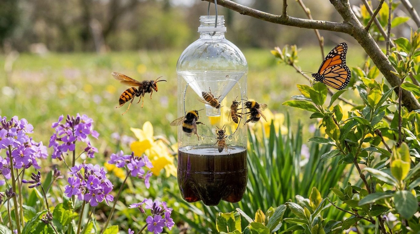 Piège artisanal en bouteille avec abeilles et bourdons piégés. Un frelon vole près, un papillon sur feuille. Fond de jardin fleuri.