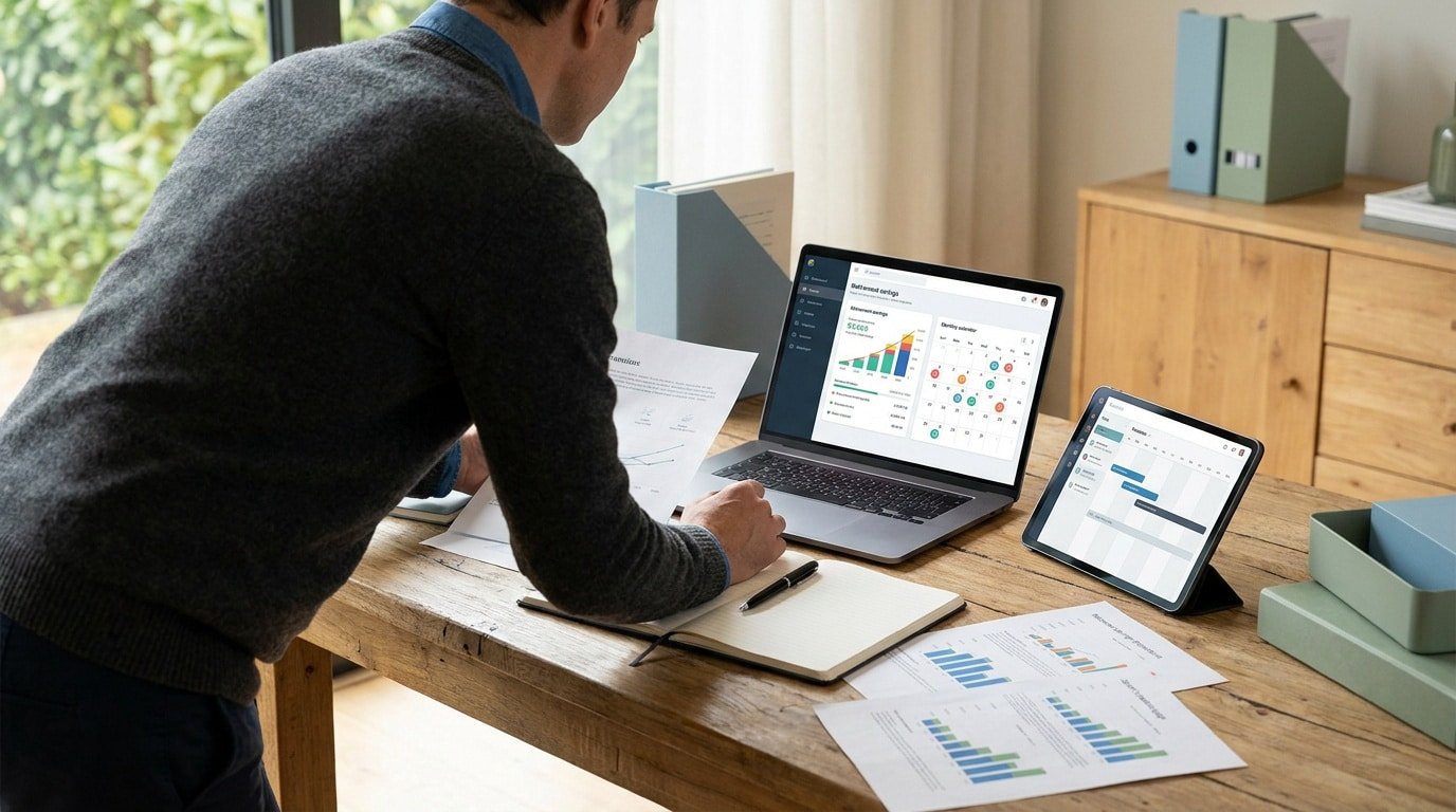 Un homme travaillant sur un ordinateur portable et une tablette affichant des graphiques de données à son bureau.