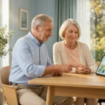 Couple senior souriant devant une tablette affichant des graphiques financiers, dans un salon lumineux.