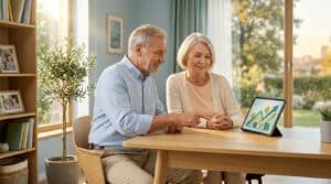 Couple senior souriant devant une tablette affichant des graphiques financiers, dans un salon lumineux.