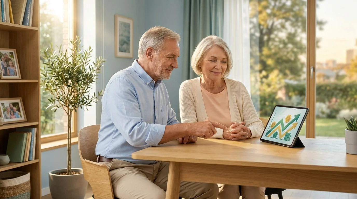 Couple senior souriant devant une tablette affichant des graphiques financiers, dans un salon lumineux.
